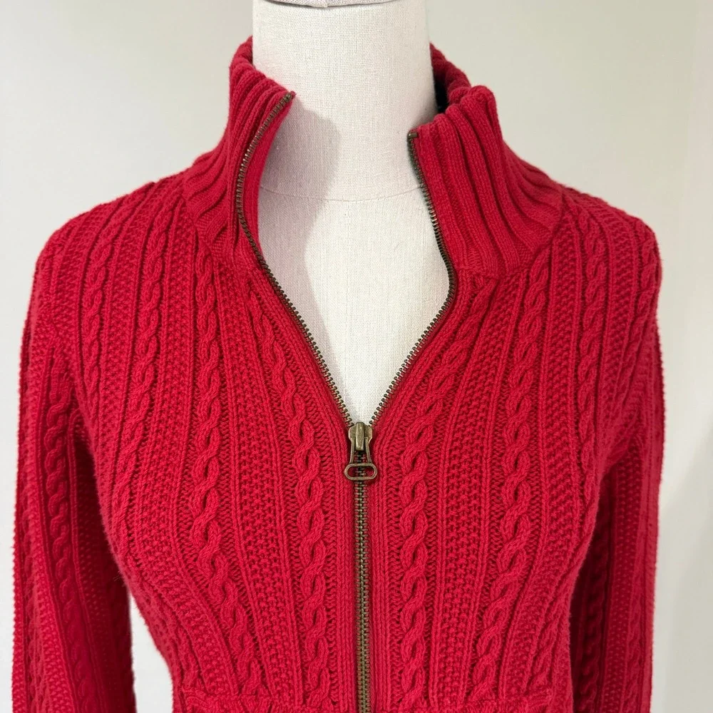 Polo by Ralph Lauren Red Cable-Knit Zip Front Cardigan